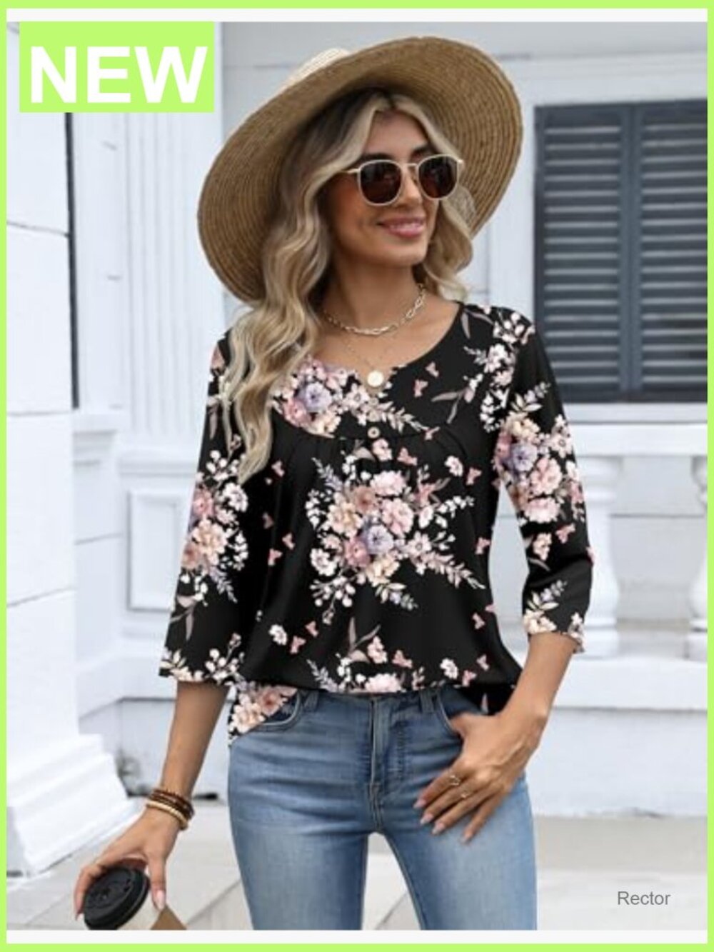 3/4 Sleeve V Neck Tunic Blouse Dressy Casual Work Top - Picture 4 of 7